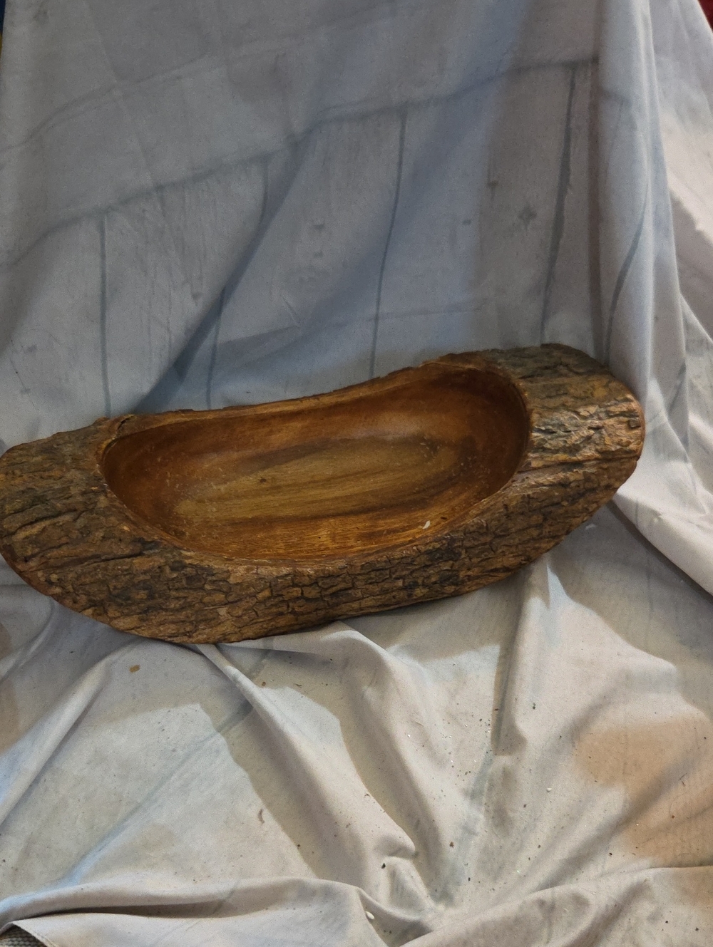 Hand-Carved Rustic Wooden Dough Bowl - Bark Edge
